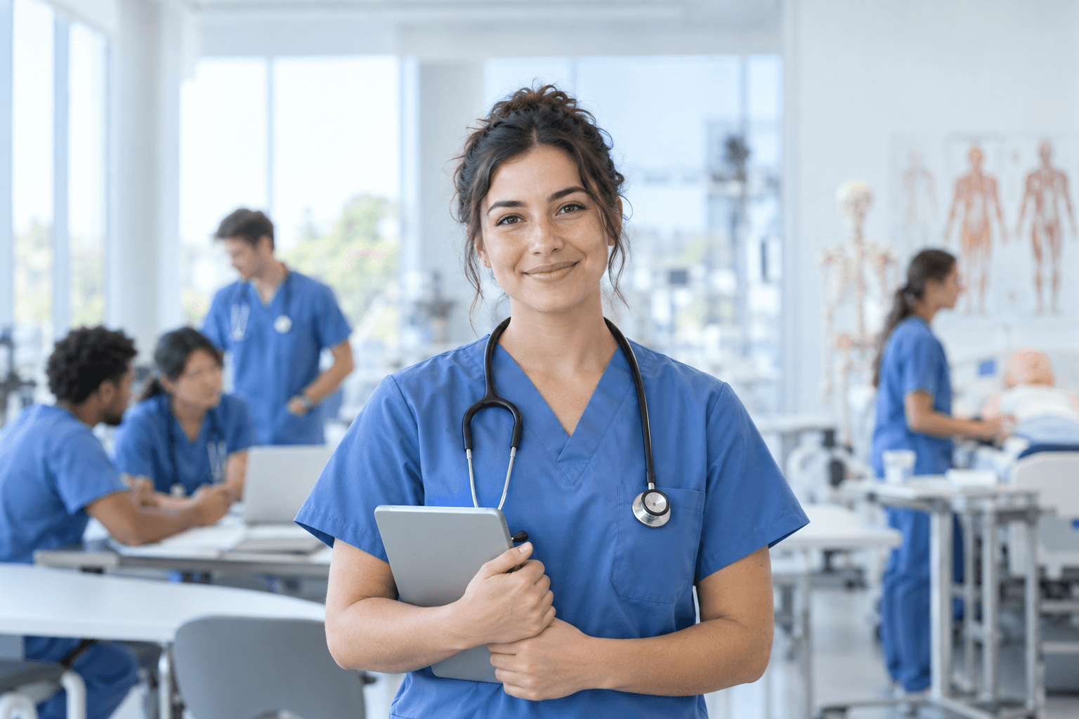 Medical learner in a bright clinical setting